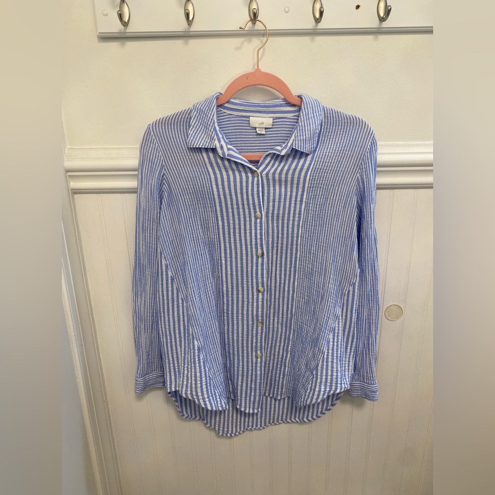J. Jill Blue and White Striped Button Down Shirt